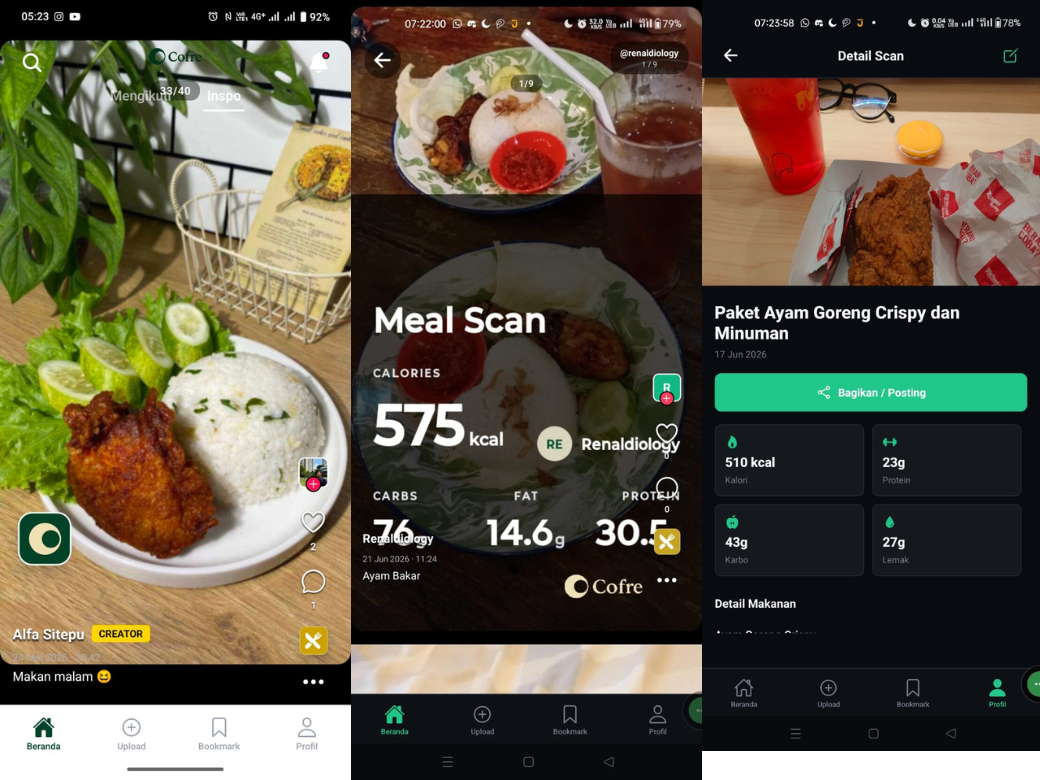 Cofre app showing food scanning, nutrition results, and a short video feed